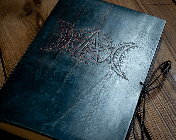 A5 MOON GODDESS PENTAGRAM BLUE RED LEATHER JOURNAL 2 - EARTHWORKS JOURNALS OOAK12