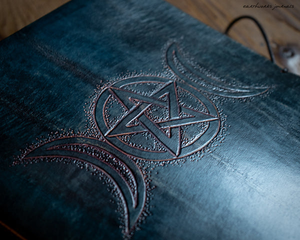 A5 MOON GODDESS PENTAGRAM BLUE RED LEATHER JOURNAL 4 - EARTHWORKS JOURNALS OOAK12