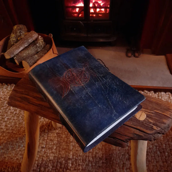 A5 MOON GODDESS PENTAGRAM BLUE RED LEATHER JOURNAL 5 - EARTHWORKS JOURNALS OOAK12