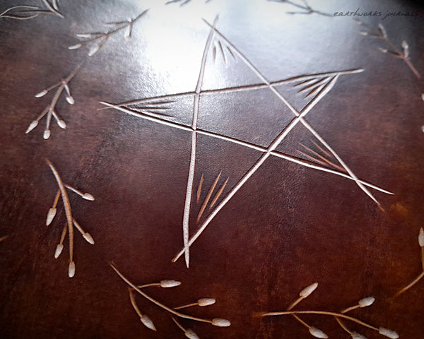 A5 brown leather journal with pentagram and leaves 5 - earthworks journals