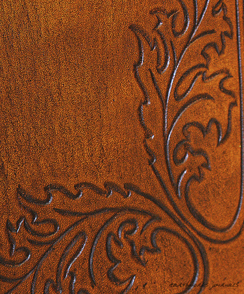 A5 brown leather journal - art nouveau acanthus leaf design detail - earthworks journals - A5C032