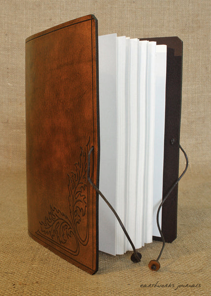 A5 brown leather journal - acanthus leaf open - earthworks journals - A5C031