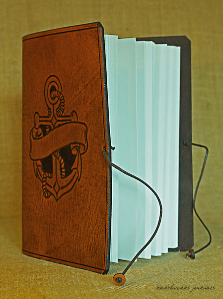 A5 brown leather journal - anchor and scroll design open - earthworks journals - A5C037