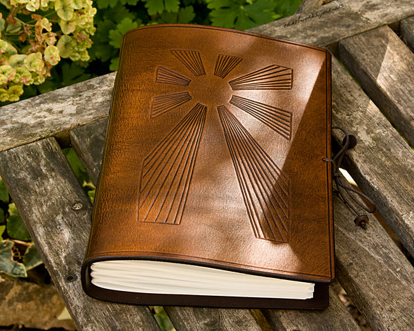A5 brown leather journal - art deco sun rays 2 - earthworks journals - A5C034