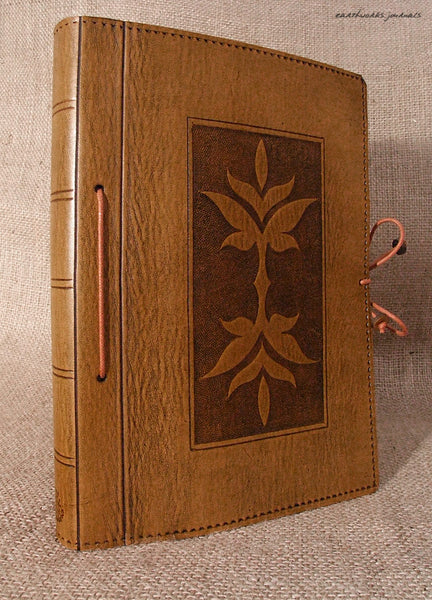 A5 brown leather journal - art nouveau leaf design 2 - earthworks journals - A5C023
