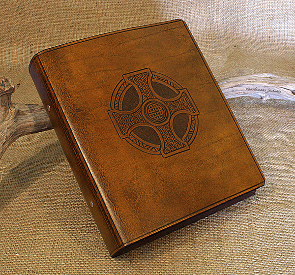 A5 brown leather 2 ring binder - celtic cross design 2 - earthworks journals A5B004