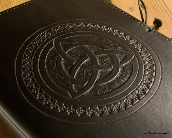 A5 black leather journal - celtic triquetra detail - earthworks journals - A5C046
