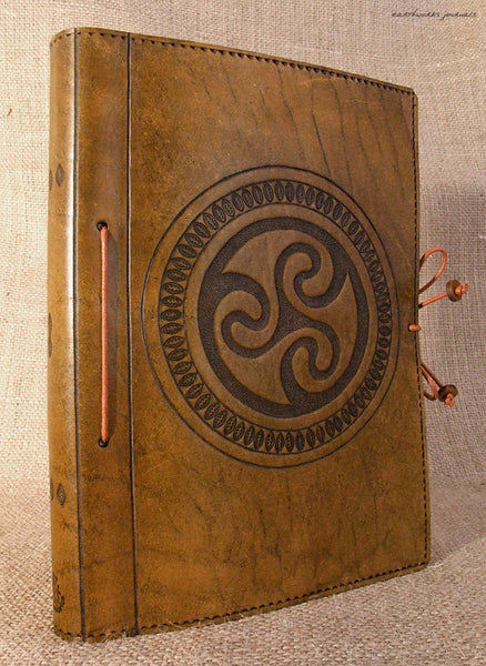 A5 brown leather journal - celtic triskele spiral 2 - earthworks journals - A5C009