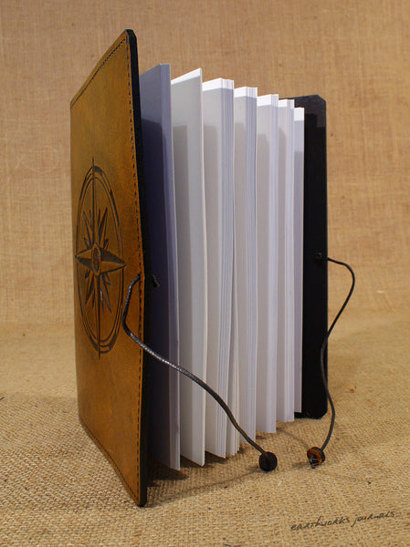 A5 brown leather journal - compass rose open - earthworks journals - A5C033