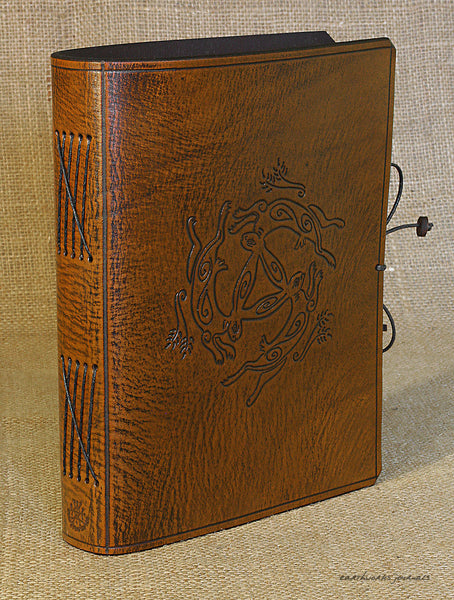 A5 brown leather journal - tinners' hares - three hares design 3 - earthworks journals - A5C035