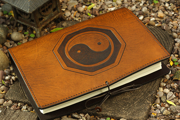 A5 brown leather journal - tai chi - yin yang - earthworks journals - A5C015