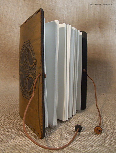 A6 brown leather journal - celtic cross open - earthworks journals - A6C012