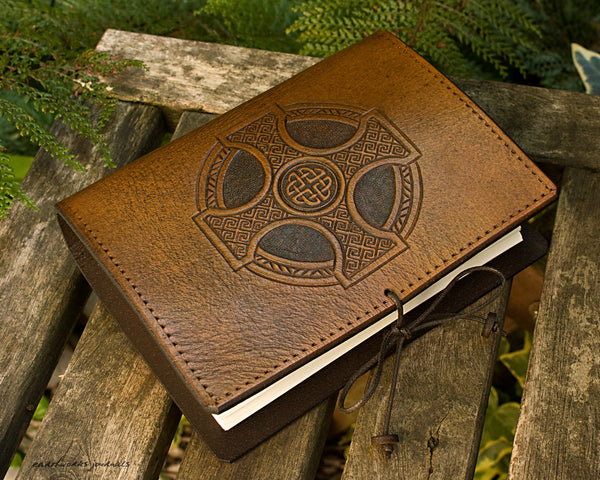 A6 brown leather journal - celtic cross - earthworks journals - A6C012