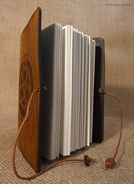 A6 brown leather journal - celtic triquetra open - earthworks journals - A6C006