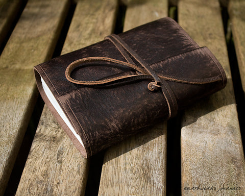 A6 distressed dark brown leather journal 2 - wraparound - earthworks journals - A6W014
