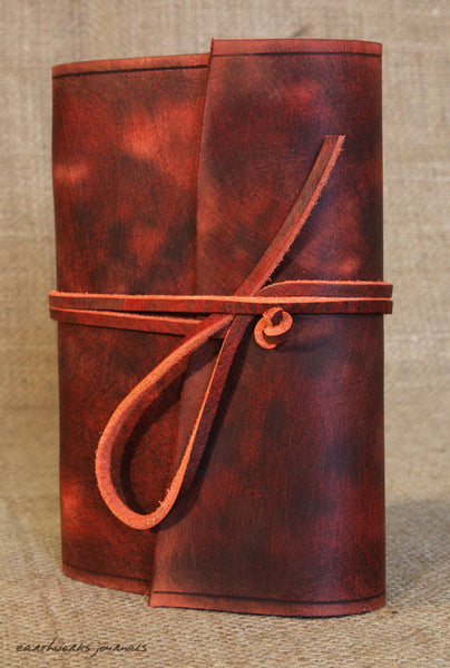 A6 distressed oxblood red leather journal 4 - wraparound - earthworks journals - A6W012