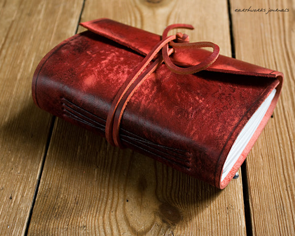 A6 distressed oxblood red leather journal 2 - wraparound - earthworks journals - A6W012