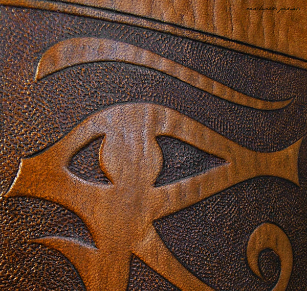 A4 brown leather journal - book of shadows - egyptian eye of horus design detail - earthworks journals A4C007