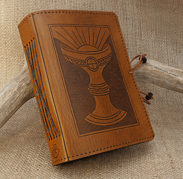 A6 brown leather journal - holy grail 3 - ace of cups - tarot - earthworks journals - A6C005