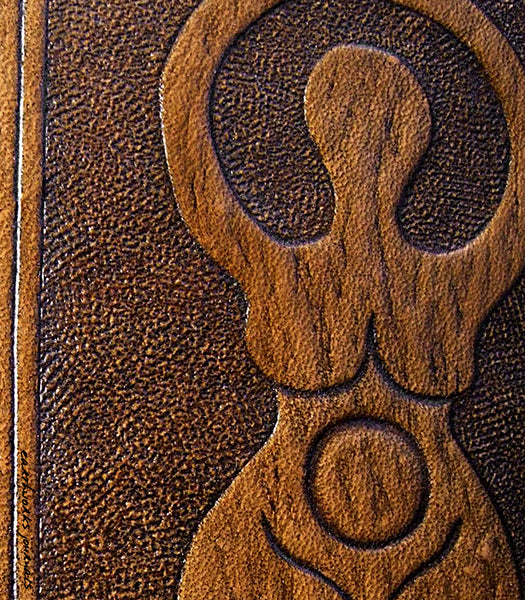 A4 brown leather journal - book of shadows - triple moon goddess design detail - earthworks journals A4C003