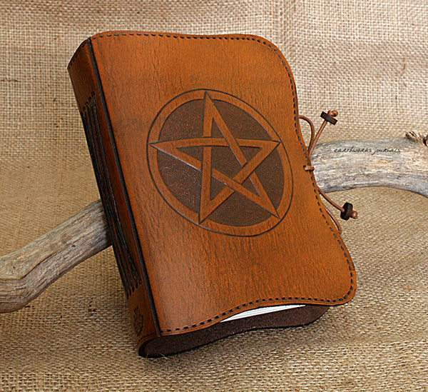 A6 brown leather journal - pentagram - pentacle- book of shadows - earthworks journals - A6C014