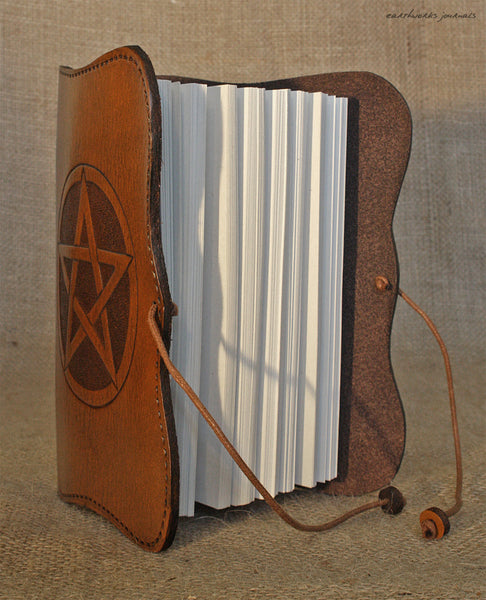 A6 brown leather journal - pentagram - pentacle- book of shadows open - earthworks journals - A6C014