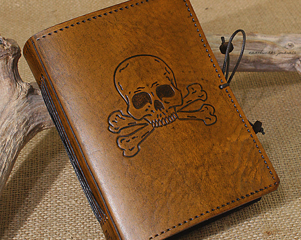A6 brown leather journal - skull and cross bones - earthworks journals - A6C022