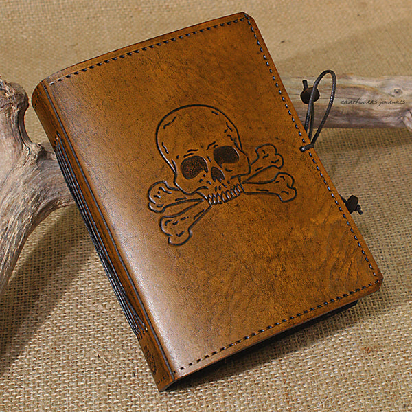 A6 brown leather journal - skull and cross bones - earthworks journals - A6C022