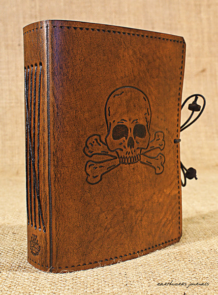 A6 brown leather journal - skull and cross bones 2 - earthworks journals - A6C022