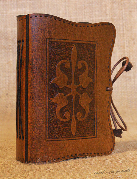 A7 brown leather journal - victorian art nouveau design 2 - earthworks journals - A7C007