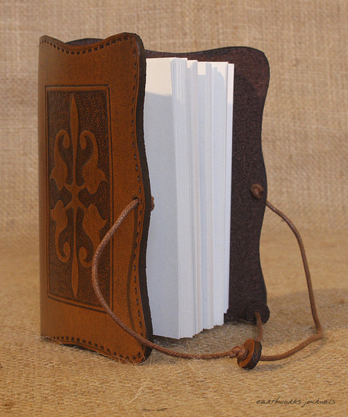 A7 brown leather journal - victorian art nouveau design open - earthworks journals - A7C007