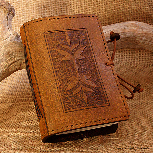 A7 brown leather journal - victorian art nouveau leaf design - earthworks journals - A7C004