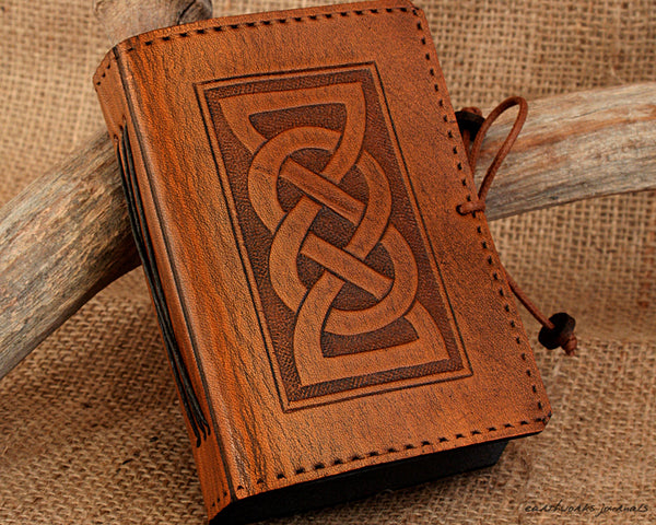 A7 brown leather journal - celtic friendship/lovers knot design - earthworks journals - A7C001