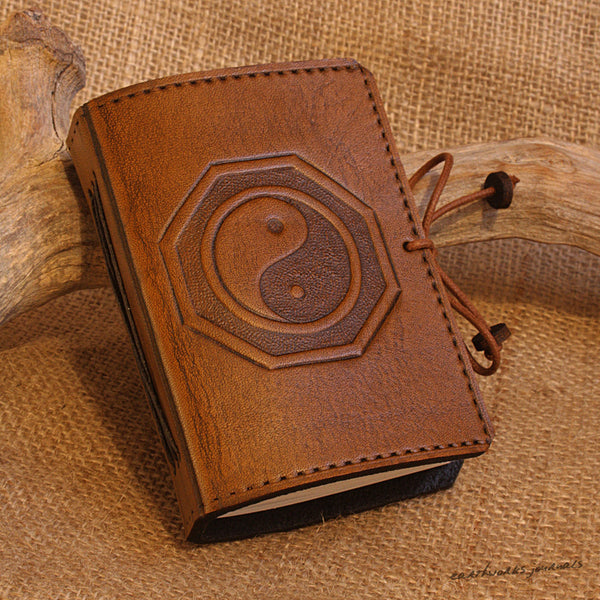 A7 brown leather journal - tai chi - yin yang a - earthworks journals - A7C005