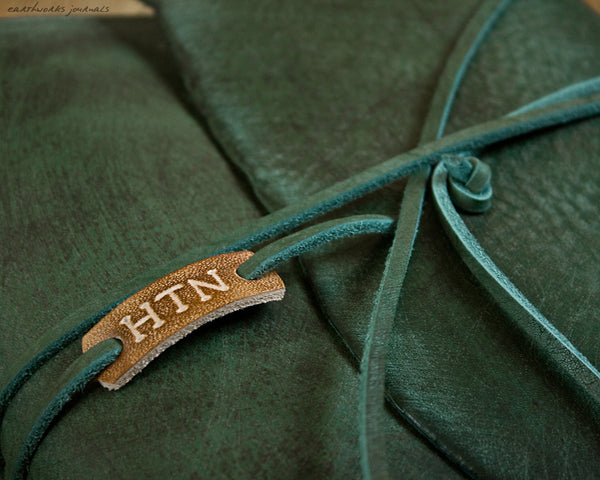 A5 distressed green leather organiser - wraparound tag - earthworks journals - A5WB005