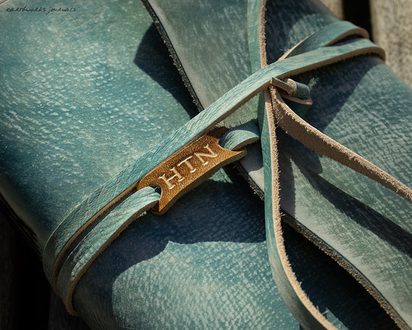 A5 distressed sea blue leather organiser - wraparound tag - earthworks journals - A5WB011
