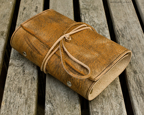 personal size distressed brown leather organiser - wraparound - earthworks journals - PSWB005