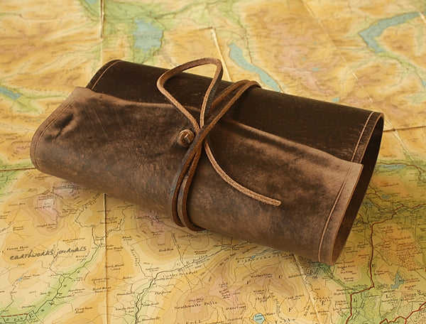 personal size distressed dark brown leather organiser - wraparound 2 - earthworks journals - PSWB001