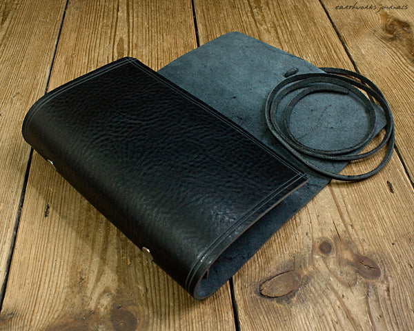 personal size rugged black leather organiser 2 - wraparound - earthworks journals - PSWB003