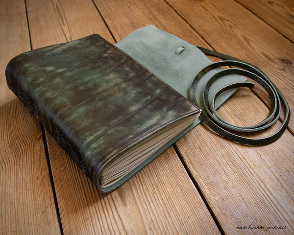 A5 distressed green leather journal 2 - wraparound 3 - earthworks journals - A5W014