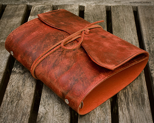 A5 distressed oxblood red leather organiser - wraparound 1 - earthworks journals - A5WB004