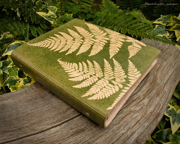 A5 green leather fern leaf 6 ring binder - earthworks journals - A5FC004