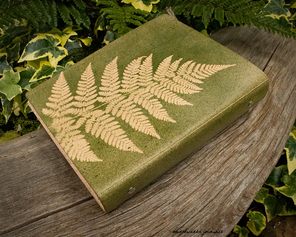 A5 green leather fern leaf 6 ring binder 2 - earthworks journals - A5FC004