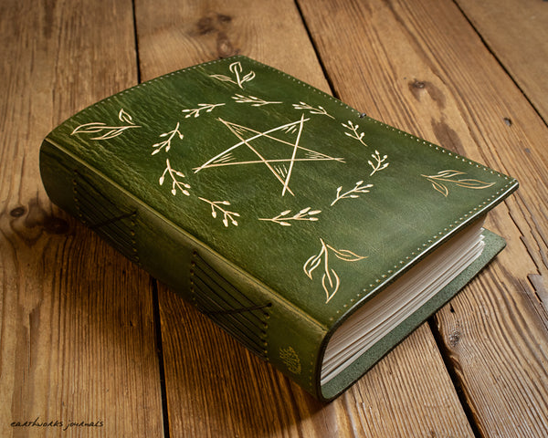 green leather journal with folk pentagram - earthworks journals