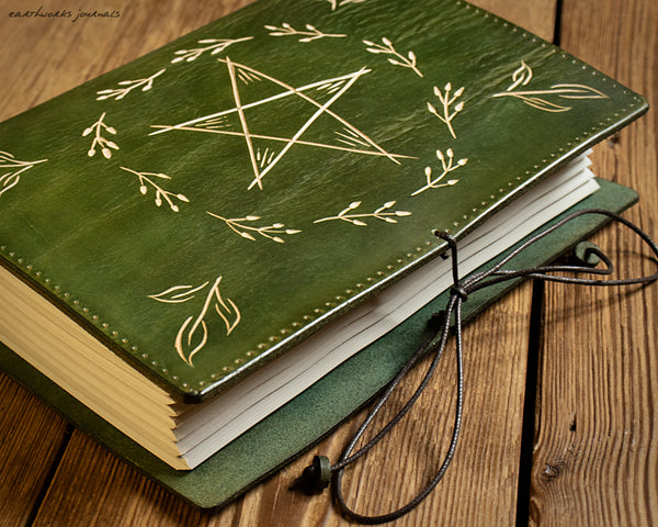 green leather journal with folk pentagram 3 - earthworks journals