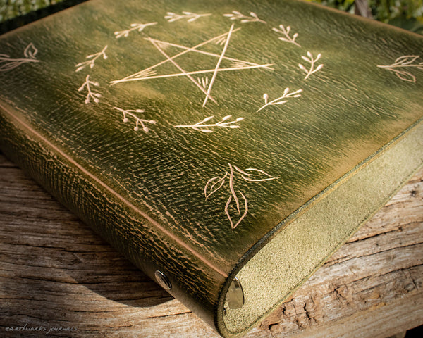 A5 green leather planner with pentagram design