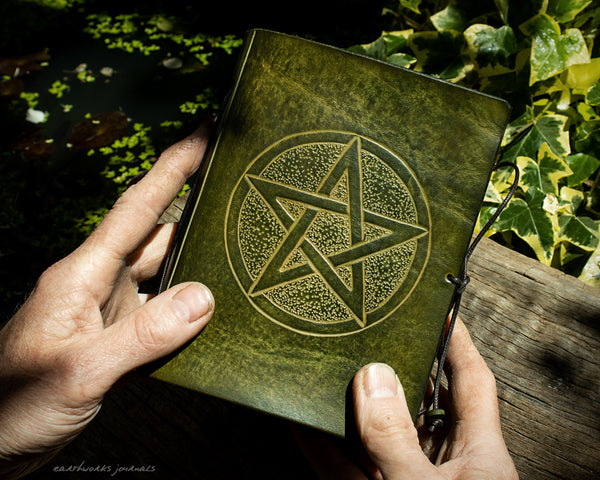 A6 green leather journal - pentagram 2 - earthworks journals - A6C023