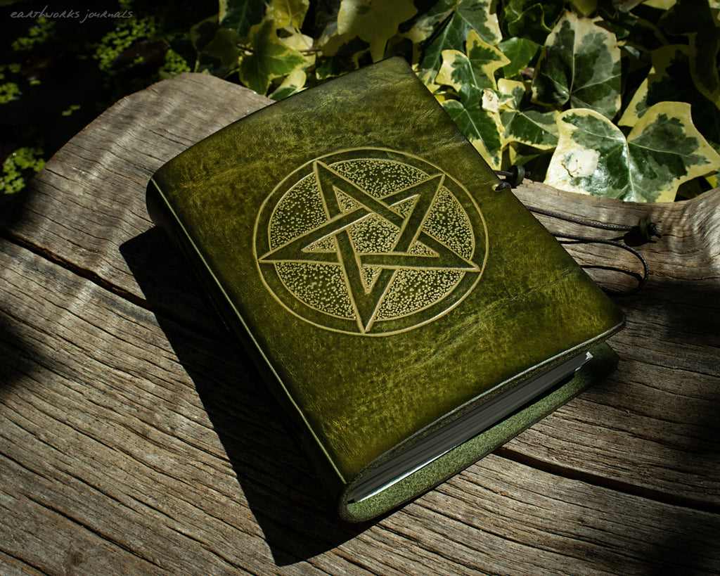 A6 green leather journal - pentagram 1- earthworks journals - A6C023