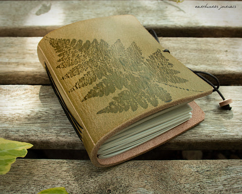 A7 fern leaf leather journal in olive green 1 - earthworks journals - A7F002