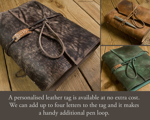 personalised tags on leather journals - earthworks journals